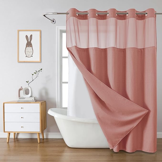 Coral No Hook Waffle Weave Shower Curtain with snap-in Liner Replacement, 230GSM Waterproof Fabric Hotel Shower Curtain Set for Bathroom, Through Mesh Top Window,71Wx77H