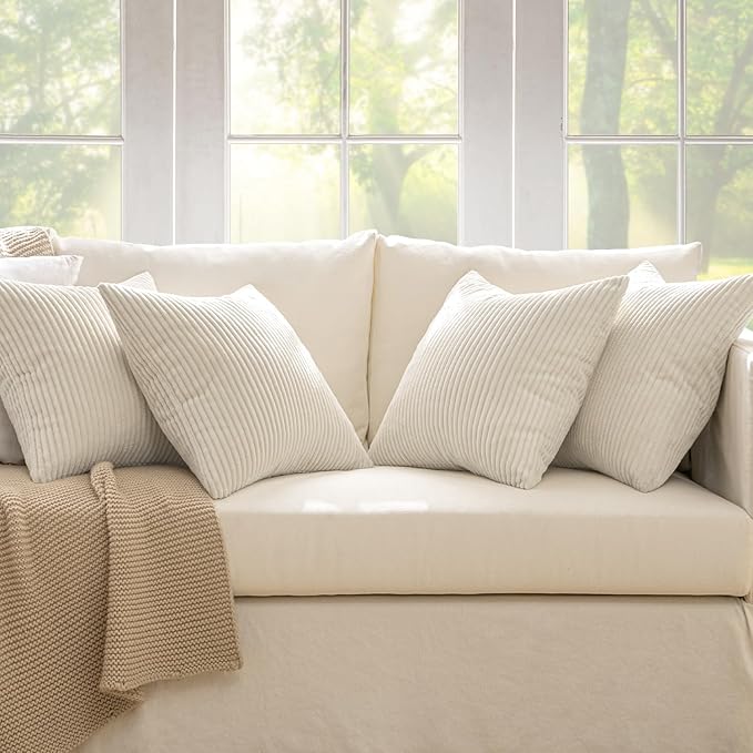 MIULEE Boho Farmhouse Throw Pillow Covers 18x18 Inch Set of 4 Mordern Nordic Cushion Covers Soft Corduroy Christmas Home Decor for Couch Bed Sofa Living Room Cream White