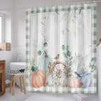 Fall Pumpkin Shower Curtain Eucalyptus Leaves Green Plaid Farmhouse Autumn Harvest Thanksgiving Bathroom Curtains Waterproof Polyester Fabric Bath Curtain 72 x 72 Inch with 12 Plastic Hooks
