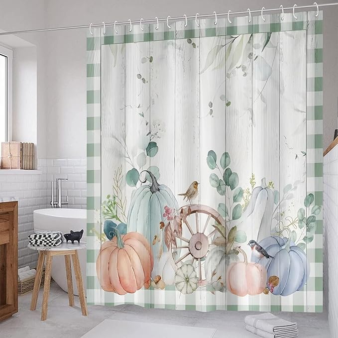Fall Pumpkin Shower Curtain Eucalyptus Leaves Green Plaid Farmhouse Autumn Harvest Thanksgiving Bathroom Curtains Waterproof Polyester Fabric Bath Curtain 72 x 72 Inch with 12 Plastic Hooks