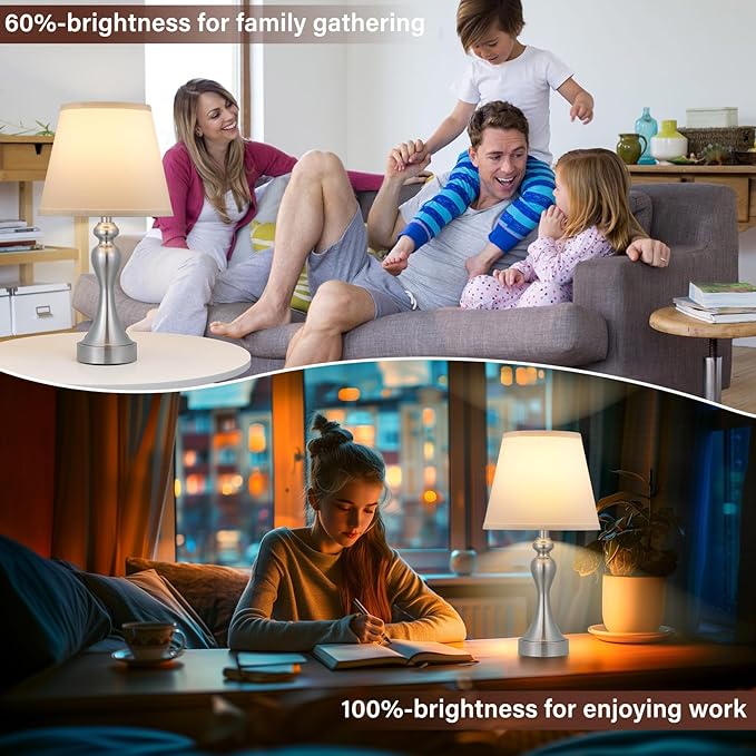 Seealle Touch Lamps for Night Stands - Bedside Lamps Set of 2, 3 Way Dimmable, USB C+A for Bedroom & End Tables (White&Nickel)