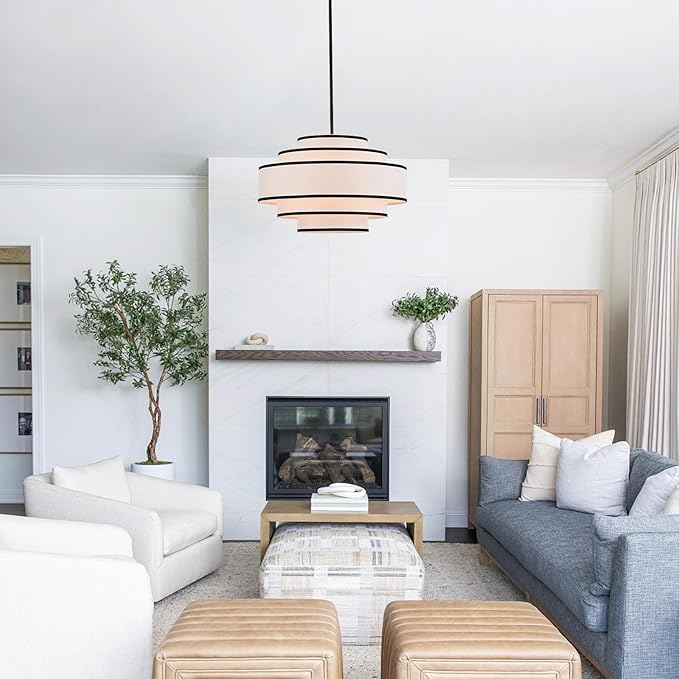 19.7" Black Drum Chandelier with White Linen Lampshade 4-Light Modern Farmhouse Chandelier Light Fixture for Living Room, Dining Room, Kitchen Island, Foyer, Entryway Bedroom