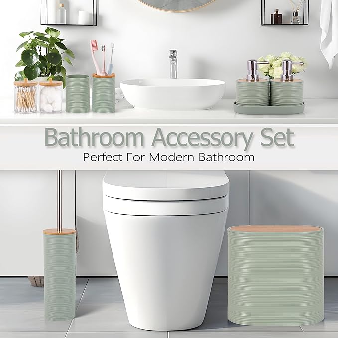 LightGreen Bathroom Set, 25 PCS Bathroom Accessories Set with Shower Curtains, Rugs, Trash Can, Toothbrush Holder, Soap Dispensers, Toothbrush Cup, Vanity Tray, Soap Dish, Toilet Brush, Qtip Holders