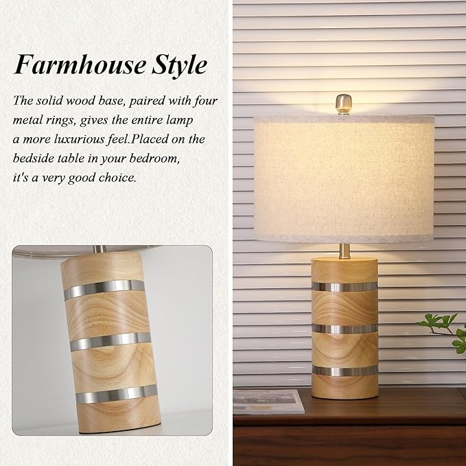 Retro Table Lamp,Farmhouse Nightstand Lamp,Rustic Wood Bedside Lamps,Desk Lamp for Bedroom Living Room Patio Hallway Hotel,UL Listed,Bulbs Included,Set of 2