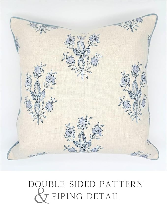 “The Mary” Periwinkle Floral Block Print Pillow Cover – Blue and Off-White Decorative Throw Pillow Cover – Grandmillennial Home Decor, 26" x 26"