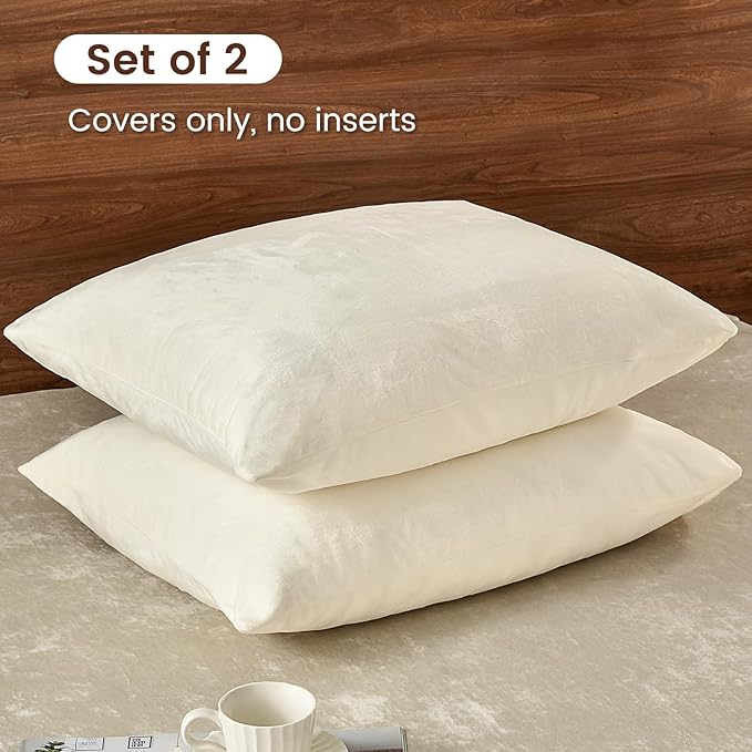PHF Super Soft Velvet Pillowcases Standard Size, No Insert, 2 Pack Luxury Cozy Warm Pillow Shams Covers with Envelope Closure, 20" X 26" Cozy Fuzzy Flannel Pillow Case, Cream
