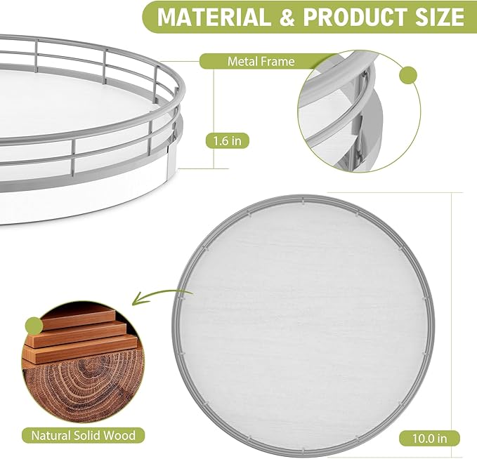Bathroom Vanity Tray Wood - 10" Round Bathroom Tray Countertop, Holds Perfume Soap Dispenser Cosmetics Key Trinket Ring - Decor Counter Tray for Kitchen Nightstand Entryway, White and Sliver