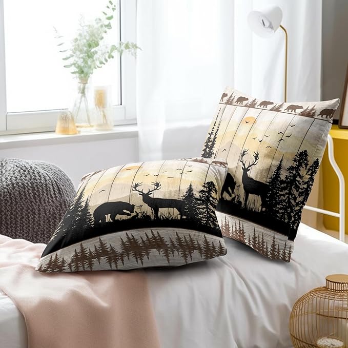 Moutain Bear Deer Pillow Cover Set of 2, 16x16 Inch Rustic Cabin Wood Planks Decorative Throw Pillowcases Cushion Covers for Couch Sofa Outdoor Patio Lodge