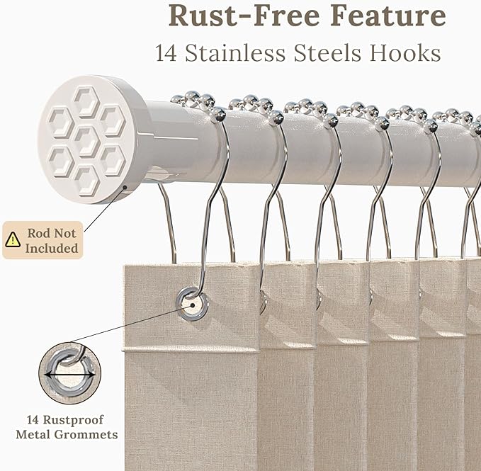 South to East Waterproof Shower Curtain, Heavy Duty Magnetic Folding Linen Shower Curtain, Non-Toxic, 72x80 Magnetic Fabric Bathroom Curtain Sets, Beige