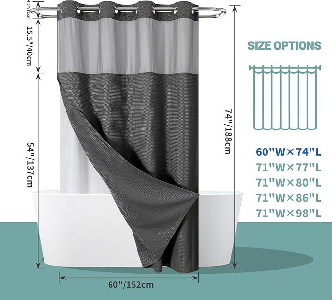 Charcoal No Hook Waffle Weave Shower Curtain with snap-in Liner Replacement, 230GSM Waterproof Fabric Hotel Shower Curtain Set for Bathroom, Through Mesh Top Window,60Wx74H