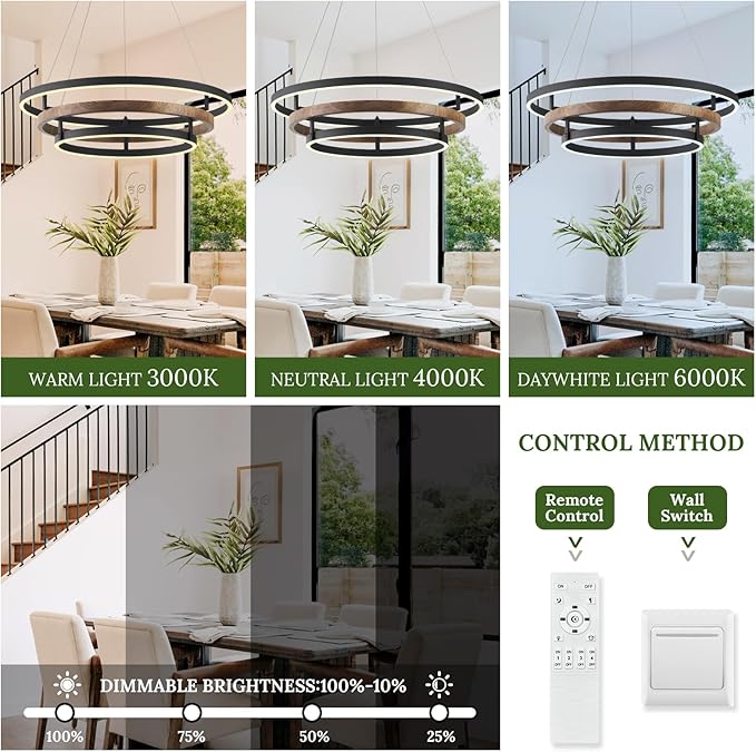 3 Ring LED Chandelier Black Round Chandelier Light Fixture Dimmable Farmhouse Foyer Chandeliers Light Wood-Printed Circular Chandeliers for Dining Room Entry Bedroom Office Living Room 24in