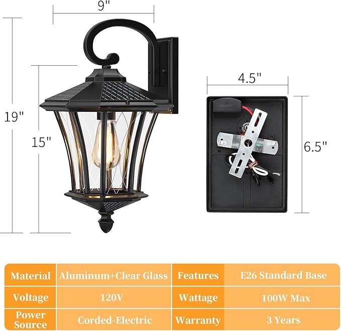 YSN 19" Large Outdoor Wall Lights 2 Packs, Black Porch Light Fixture Exterior Sconce Light, Retro Outdoor Lighting Fixtures Wall Mount, Waterproof Outdoor Lights for House Garage Yard