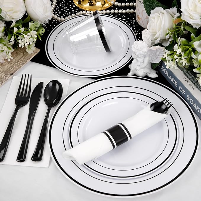 WELLIFE 210Pcs Black Plastic Dinnerware with Pre Rolled Napkins, Include:30 Dinner Plates, 30 Dessert Plates, 30 Paper Napkins, 30 Cups, 90 Plastic Cutlery