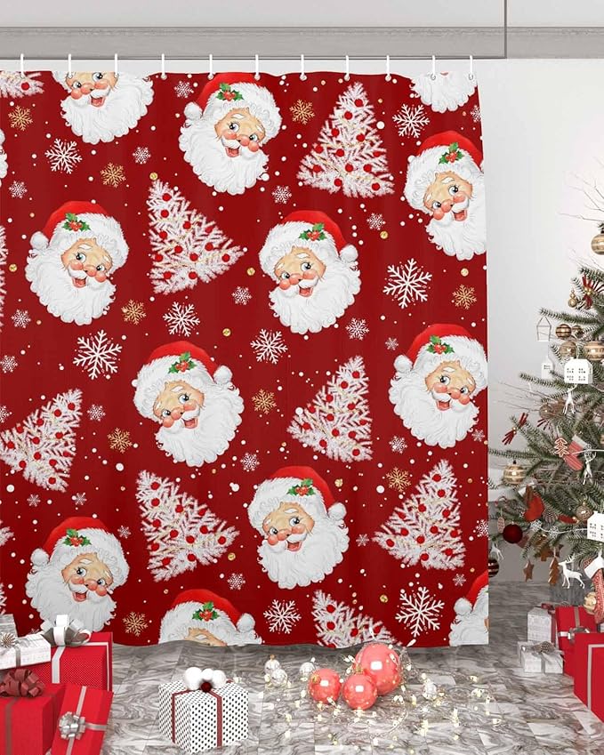 Red Christmas Shower Curtain, Santa Claus Merry Christmas Tree Shower Curtains Set with Hooks, Winter Snowflake Waterproof Fabric Bathroom Curtains Decor Home Accessories,72X 96 Inch Extra Long