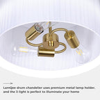LamQee 20” Modern Drum Chandelier, 2-Tier Semi-Flush Mount Pendant Light Fixtures, 3-Light Hang Ceiling Lamp Hallway Lights Fixture with White Fabric Lampshades