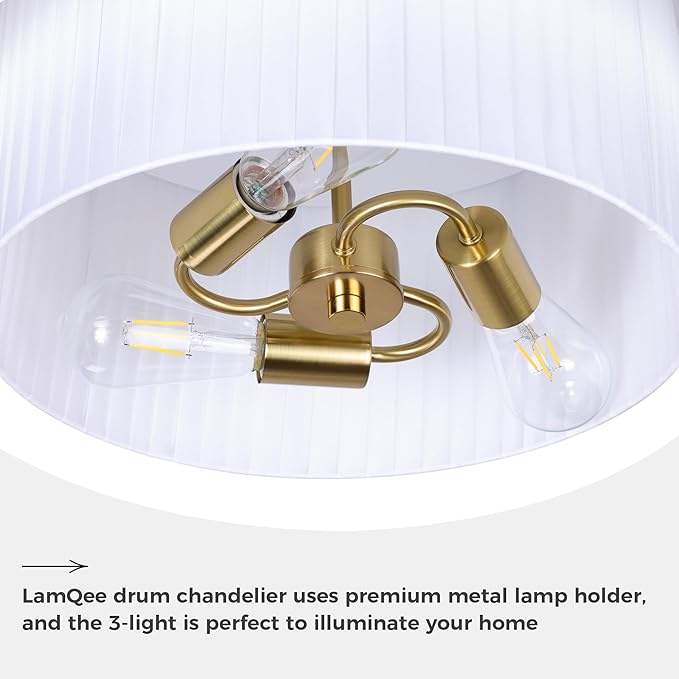 LamQee 20” Modern Drum Chandelier, 2-Tier Semi-Flush Mount Pendant Light Fixtures, 3-Light Hang Ceiling Lamp Hallway Lights Fixture with White Fabric Lampshades