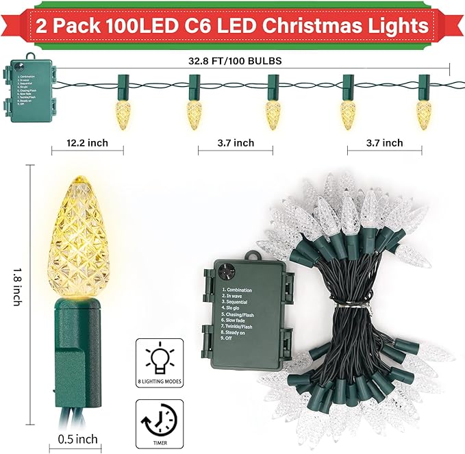 50 LED C6 Christmas Lights - 16.4Ft Battery Operated Seasonal Lighting for Indoor/Outdoor Xmas Tree, Garden, Patio, Party - Warm White