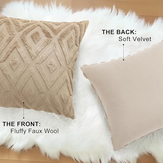 decorUhome Couch Throw Pillow Covers 12x20 Set of 2, Decorative Soft Plush Faux Wool Lumbar Neutral Accent Pillow Covers for Bed Sofa Living Room, Light Khaki