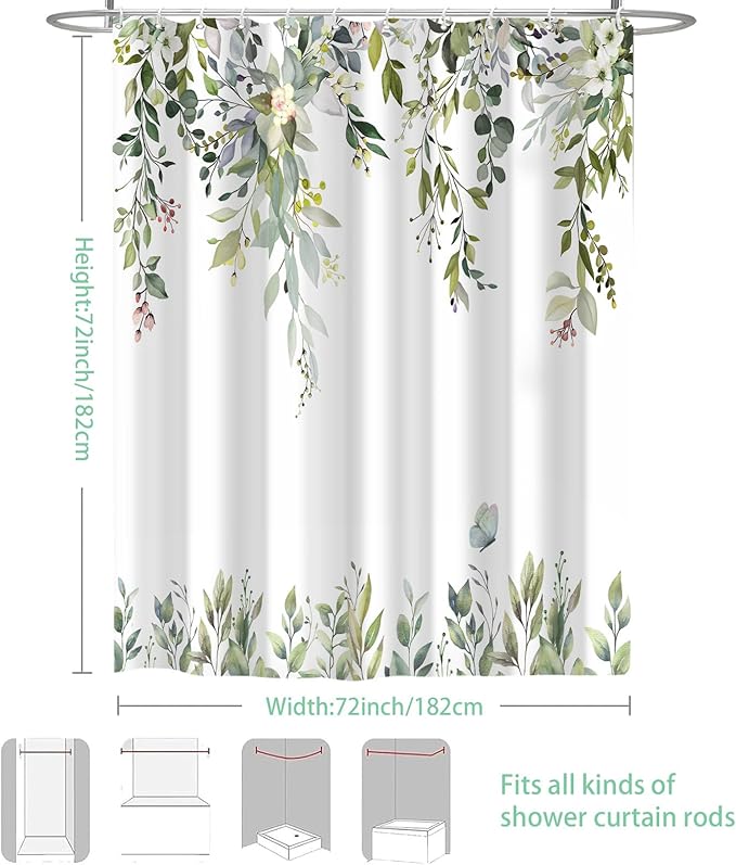 Eucalyptus Shower Curtain, Sage Green Watercolor Leaves with Floral Botanical Bathroom Decor, Waterproof Fabric Bath Curtain Set with Hooks, 72x72 Inches