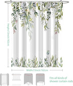 Eucalyptus Shower Curtain, Sage Green Watercolor Leaves with Floral Botanical Bathroom Decor, Waterproof Fabric Bath Curtain Set with Hooks, 72x72 Inches