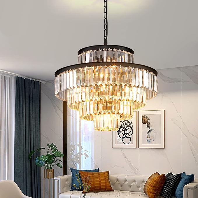 Black Modern Style Crystal Chandeliers & LightsRound Hanging Classic, Pendant Ceiling Chandelier Lighting Fixture 5-Tier for Dining Room Living Room(24 inch,Black)