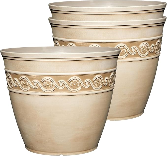 Classic Home and Garden Corinthian Resin Planter Pot - Outdoor & Indoor Plant Pot - Round Planter for Plants & Flowers (8" Desert Tan, Pack of 3)