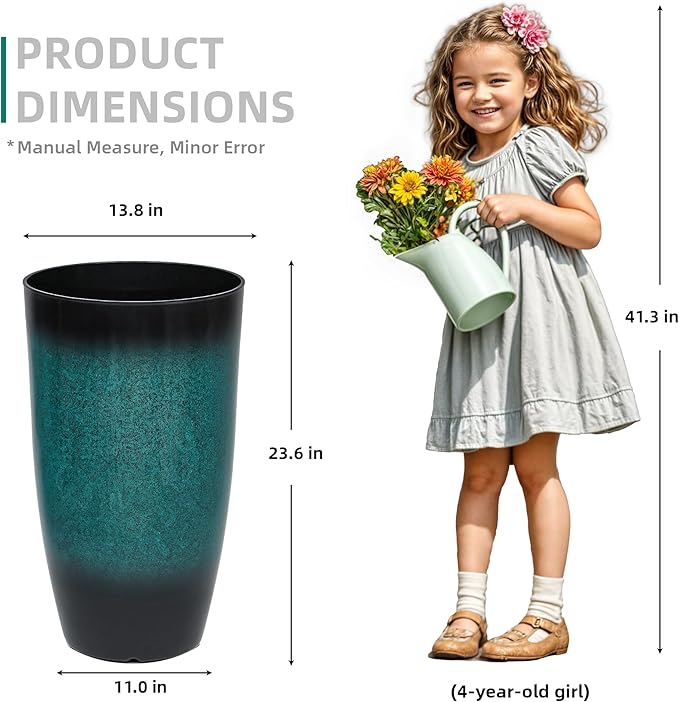 23.6" Set of 2 Tall Outdoor Planters, Gradient Turquoise Plastic Flower Pots, Weatherproof for Porch, Garden, Patio or Indoor Décor