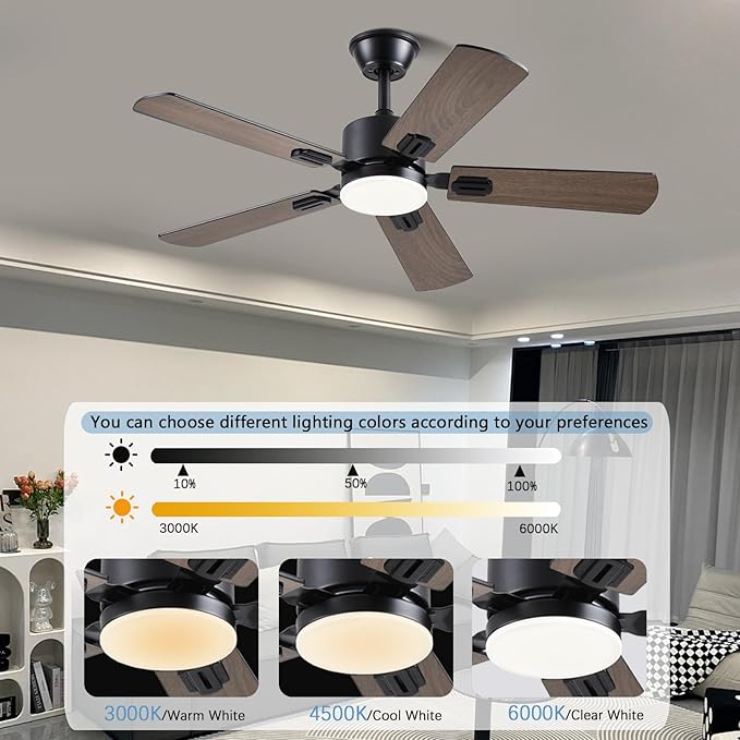 Ceiling Fans with Lights, 42 Inch Low Profile Ceiling Fan with App/Remote Control, DC Reversible Motor, Dimmable LED Ceiling Fans for Bedroom,Indoor/Outdoor Patio Use（Brown）