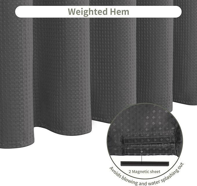 Inhousolu Fabric Shower Curtain Waffle Weave, Graphite Grey 230 GSM Heavy Duty, Weighted Hem, 14 Metal Hooks, Water Repellent, Machine Washable, Hotel Spa Luxury Bath Curtain Set, 72 x 72 Inch