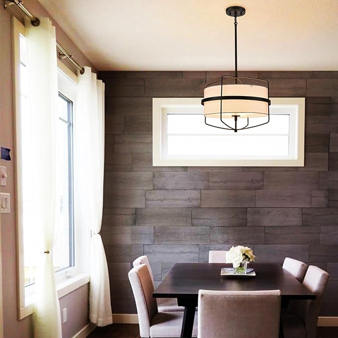 DAYCENT Modern Black Pendant Lights Kitchen Island 3-Light Drum Shade Pendant Light Fixtures 16" H Farmhouse Matte Black Pendant Light with Fabric Shade, Adjustable Height