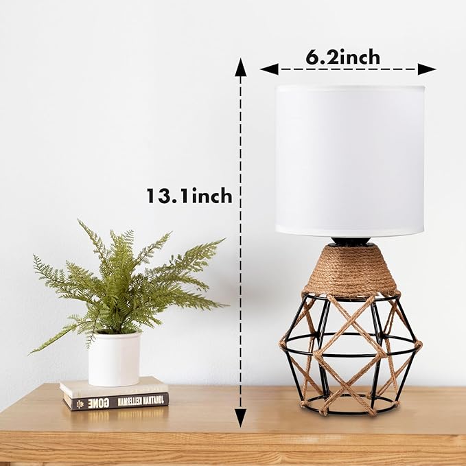 Hamilyeah Boho Lamp, Woven Table Lamp for Nightstand with On/Off Switch, Bedroom Lamp with White Fabric Shade, Simple Table Light for Bedside, Living Room