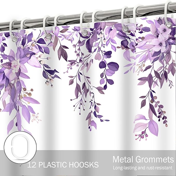 Eucalyptus Shower Curtain, Purple Watercolor Leaves with Floral Botanical Bathroom Decor, Waterproof Fabric Bath Curtain Set with Hooks, 72x72 Inches