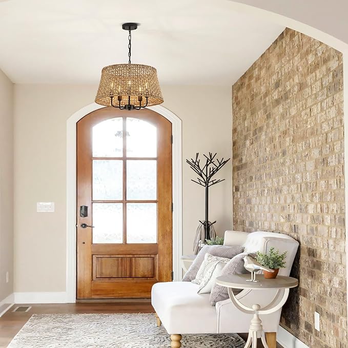 Hand-Woven Rattan Chandelier Vintage Farmhouse Boho Bamboo Chandeliers Light Fixture Retro Drum Wicker Rattan Black Chandelier for Dining Room, Kitchen, Living Room