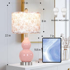 Pink Double Gourd Ceramic Lamps Set of 2 with Flower Lampshade, Modern Table Lamps for Living Room, Contemporary Nightstand Bedside Lamp for Bedrooms End Tables Office Dorm Decor(2 LED Bulbs Included)