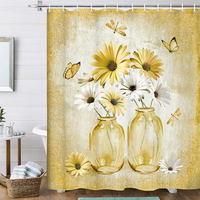 Rustic Farmhouse Yellow Floral Shower Curtain, Sage Green Daisy Flowers Butterfly Dragonfly on Abstract Aesthetic Country Wooden Boho Shower Curtain Set, White Bathroom Accessory with Hooks, 36X70