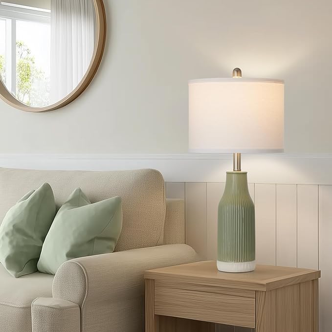 24.5″ Ceramic Table Lamps Set of 2, Modern Farmhouse Bedside Lamps for Bedroom Nightstand, Small Light Green Lamp for Living Room End Table (2 LED Bulbs Included)