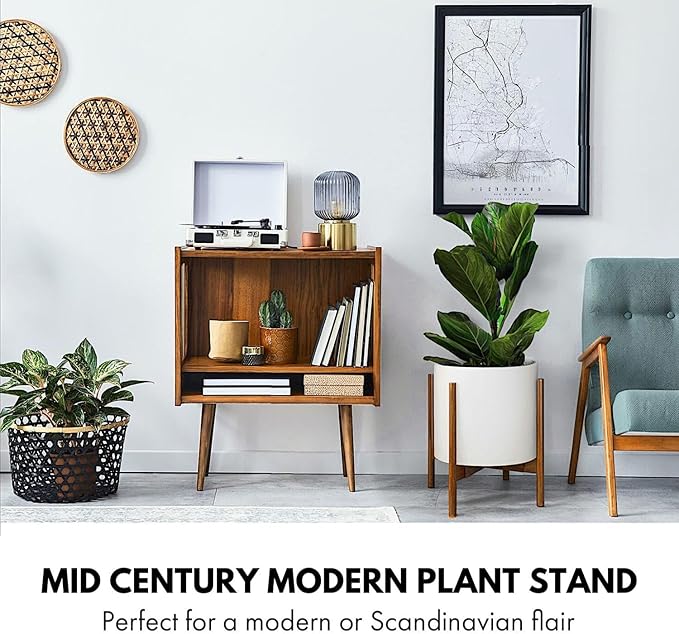 Fox & Fern Large Adjustable Plant Stand Indoor — 11 to 15 Inch Premium Mid Century Bamboo Plant Stand; Plug In Design; Easy to Assemble; Two Heights - For 11, 12, 13, 14 & 15 Inch Pots (Not Included)