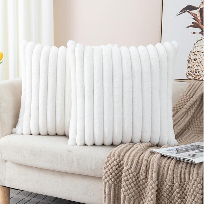 ZLINA Set of 2 Cream White Faux Fur Decorative Throw Pillow Covers Fluffy Striped Pillowcase Cushion Covers 20 x 20 Inch Decor Sofa Couch Bedroom