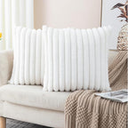 ZLINA Set of 2 Cream White Faux Fur Decorative Throw Pillow Covers Fluffy Striped Pillowcase Cushion Covers 16 x 16 Inch Decor Sofa Couch Bedroom