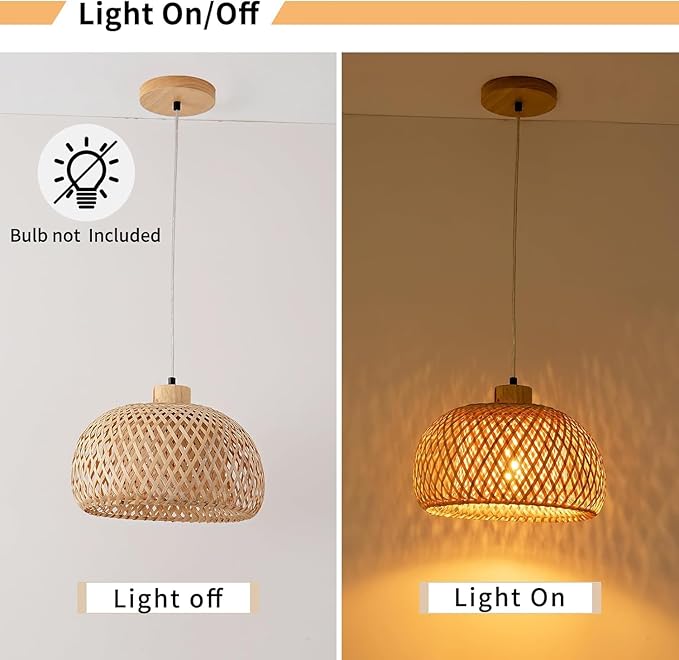 18inch Bamboo Rattan Pendant Light, Hand-Woven Wicker Boho Hanging Ceiling Lights Fixture, Beige Pendant Lamp Rustic Farmhouse Chandelier for Kitchen Island, Dining Room, Bedroom, Living Room