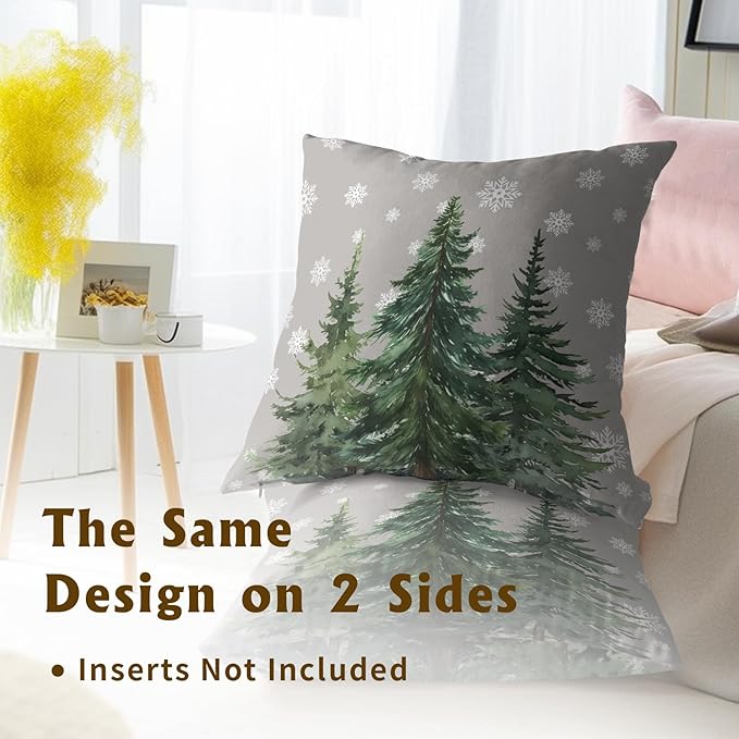 Christmas Pillow Covers 22x 22 Inch Pack of 2,Grey Xmas Tree Snow Winter Decorative Cotton Square Throw Pillowcases,Christmas Decor for Bedroom Sofa Couch Cushion