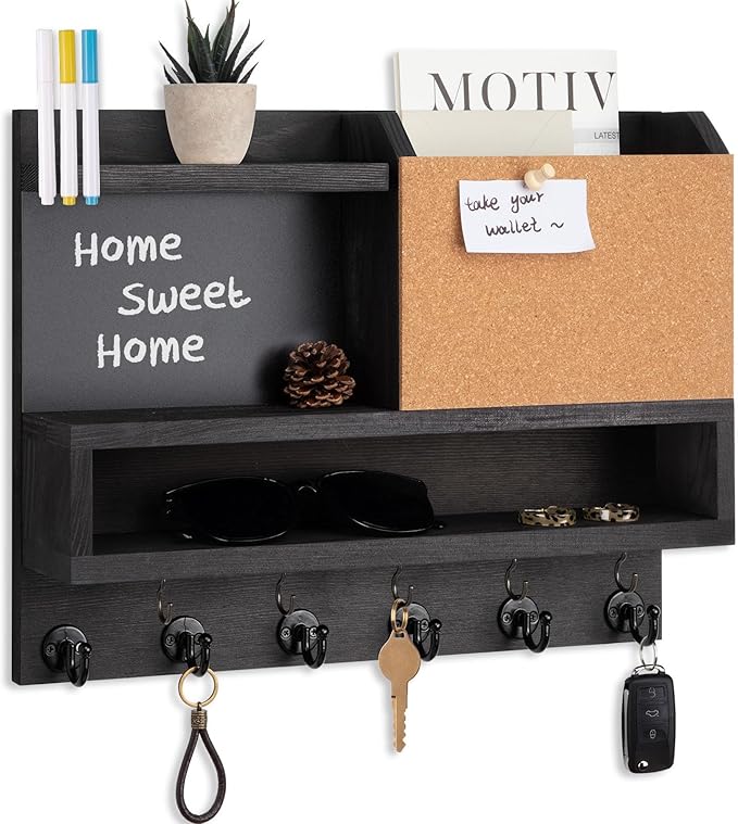 Key Holder for Wall Mount with Mail Organizer, Farmhouse Key Holder for Wall with Shelf, Chalkboard&Corkboard, Entryway Organizer 11 Metal Hooks, Decorative Natural Pine Wood, 14.6*11.1*3.3”, B-Black