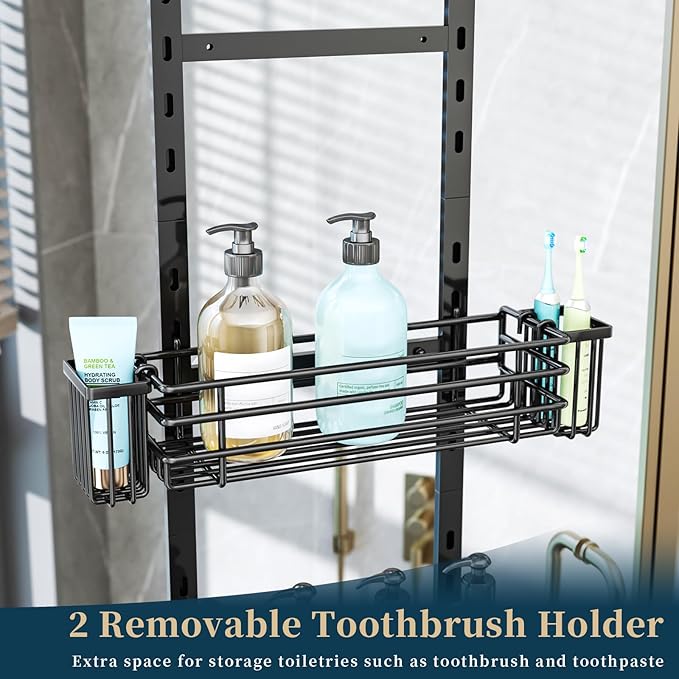Consumest Over The Door Shower Caddy - 5 Tier Adjustable Shower Organizer Hanging with 2 Toothbrush Holders & 4 Hooks, Rustproof Oragnizer Shelf, Storage Rack for Bathroom, Black