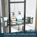 Consumest Over The Door Shower Caddy - 5 Tier Adjustable Shower Organizer Hanging with 2 Toothbrush Holders & 4 Hooks, Rustproof Oragnizer Shelf, Storage Rack for Bathroom, Black
