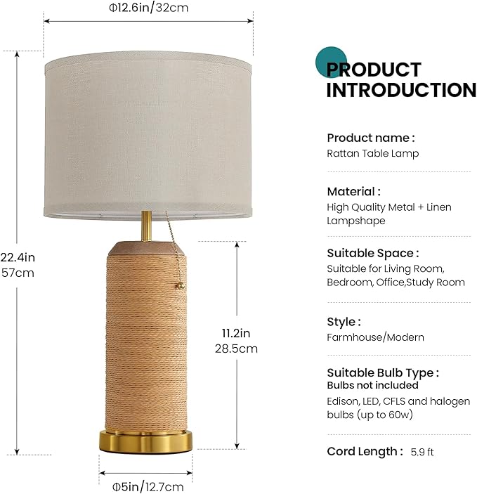 Modern Rattan Table Lamps Set of 2-22.4" Boho Nightstand Bedside Lamp for Bedroom Living Room Vintage End Table Lamps
