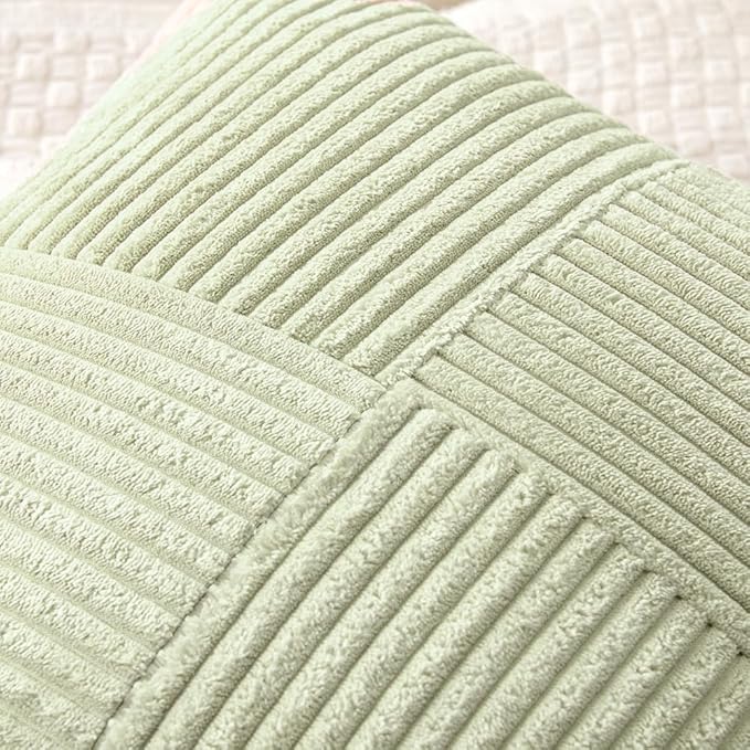 MIULEE Light Green Corduroy Pillow Covers Pack of 2 Boho Decorative Spliced Throw Pillow Covers Soft Solid Couch Pillowcases Cross Patchwork Textured Cushion Covers for Living Room Bed Sofa 18x18 inch