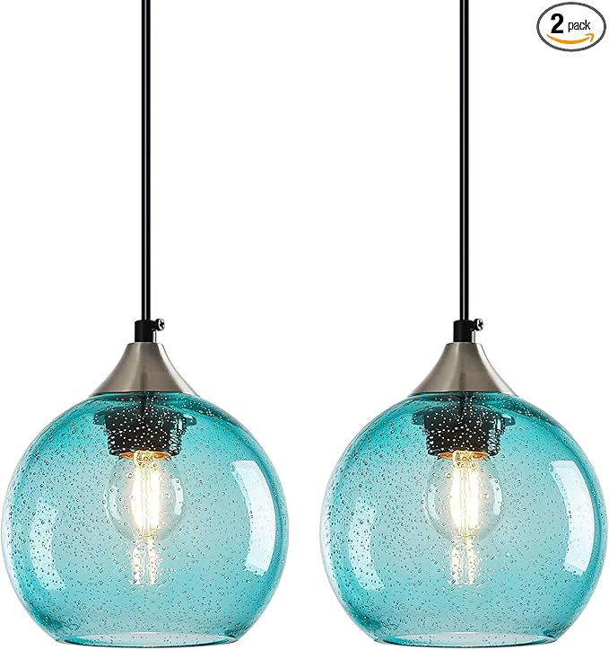Light Blue Glass Pendant Lights Kitchen Island Globe Pendant Light Fixtures Modern Pendant Lighting for Bedroom Living Dining Room Light Fixture (5.9 in, 2 Pack)