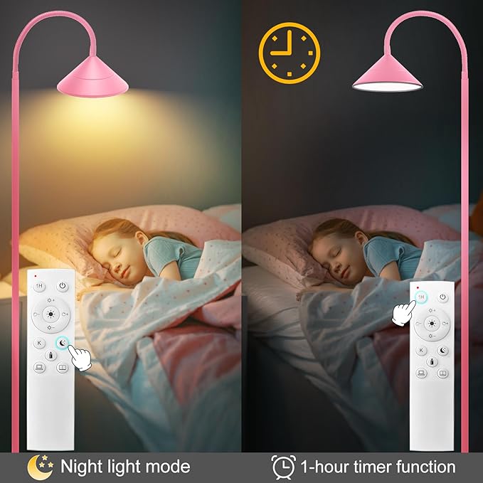 Floor Lamp, 18W Upgraded Bright LED Floor Lamps for Living Room Bedroom with Gooseneck Stepless Dimming & Color 76inch Tall Standing Lamp with Remote & Touch Control Work with Smart Plug (Pink)