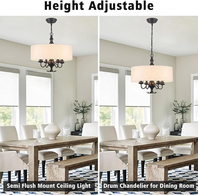 Drum Chandelier, 17.71” Farmhouse Chandeliers for Dining Room 4-Light with White Linen Drum Shade, Adjustable Height Round Chandelier Hanging Light for Kitchen Living Room Bedroom, UL-Listed