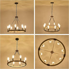 Farmhouse Wagon Wheel Chandelier 23.6" Wooden Rustic Light Fixtures 8-Light Wood Round Chandelier for Dining Room Kitchen Entryway Foyer